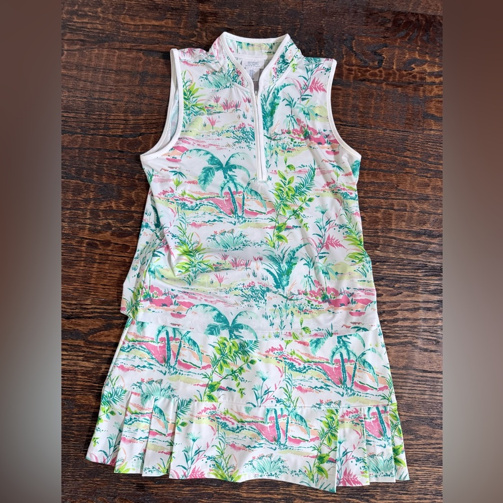Tropical Print Sleeveless 2 piece  outfit - White with Teal & Pink- size Medium